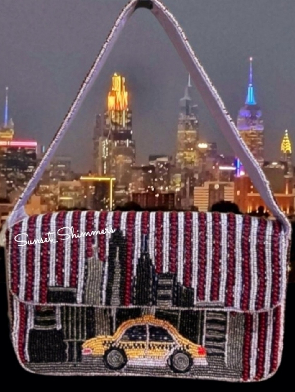 Beaded New York City Yellow Taxi Shoulder Bag Cityscape Viral Handcrafted Purse - Picture 7 of 7
